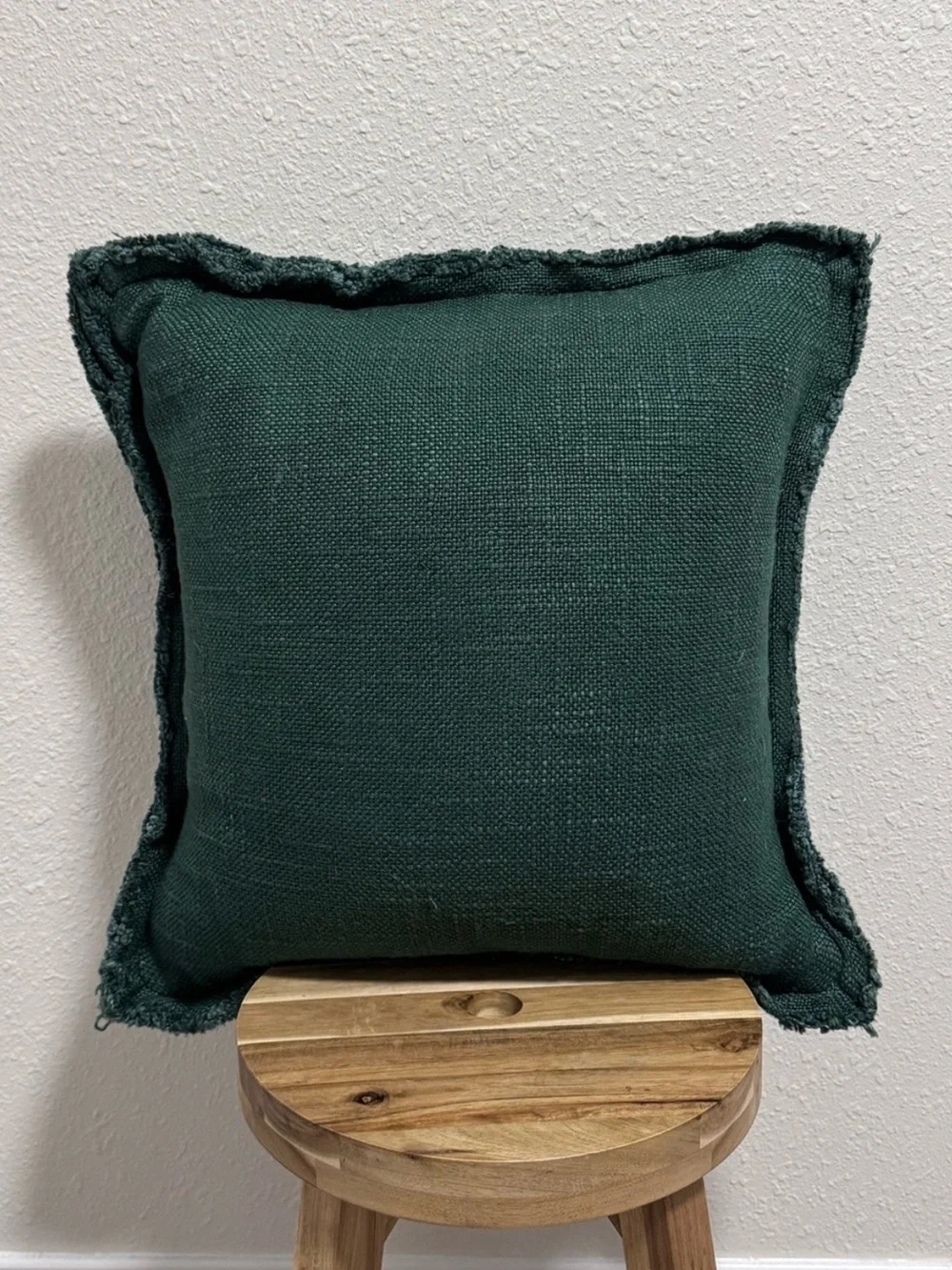 Anthropologie Luxe Emerald Green Linen Blend Pillow Cover 18x18 Fringed Edge